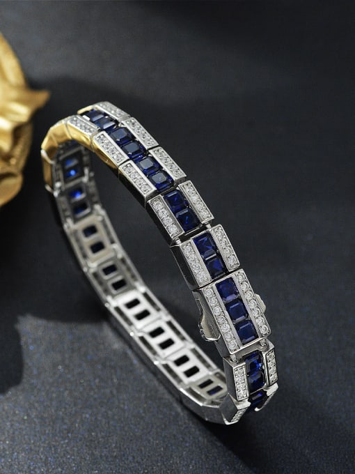 Blue 17cm [b 1793] 925 Sterling Silver High Carbon Diamond Geometric Luxury Bracelet